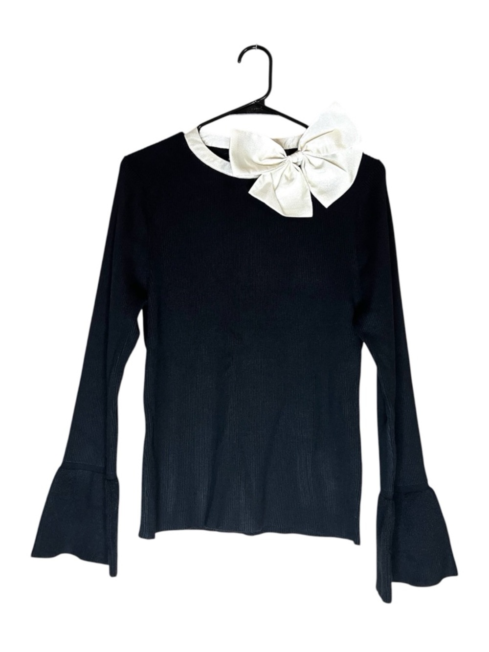 CACHE Black Ribbed Bell Cuff Long-Sleeve Top with Ivory Bow Accent Sz M